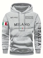 Men's light grey hoodie with Milano Italia print and kangaroo pocket in loose fit - S / Italian Theme Letter Print (HD-WY203), Top / Light Gray