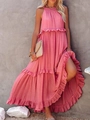 Close-up of pink tiered ruffle hem on a sleeveless summer maxi dress for vacation wear - S / Tops / Pink