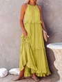 Detail of yellow halter maxi dress featuring layered ruffles and vacation resort style - S / Tops / Yellow