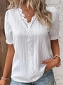 Detail of white V-neck blouse with delicate lace trim and textured pleated fabric - S / White
