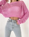 Detail of pink hollow-out knit sweater showing honeycomb texture and cropped style - S / Pink