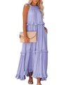 Detailed view of lavender multi-layered ruffled maxi dress with a flowing A-line silhouette - S / Tops / Purple
