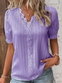 Detail of purple V-neck shirt with delicate lace trim and vertical pleated texture - Purple