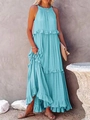 Detail of light blue halter maxi dress featuring layered ruffles and cotton-linen texture - S / Tops / Sky Blue