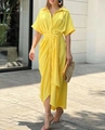 Full view of a yellow short-sleeve midi shirt dress with buttons and waist belt - S / Yellow
