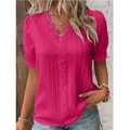 Detail of rose red summer shirt featuring V-neckline with lace crochet trim and pleats - S / Rose Red