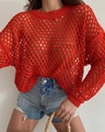 Close-up of red hollow out crochet knit sweater with intricate mesh texture detail - S / Brick Red