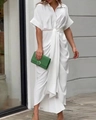 Close-up of elegant white shirt dress with waist twist knot and short sleeves detail - S / White