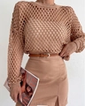 Detailed view of beige hollow-out crochet knit top with elegant high-slit midi skirt - Camel