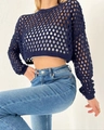 Close-up of dark blue knit hollow out crochet top featuring mesh texture and bell sleeves - S / Royal Blue