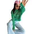 Close-up of green hollow-out knit sweater featuring elegant bell sleeves and mesh texture - Sea Green