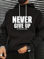Men's loose black hoodie with white NEVER GIVE UP slogan print and kangaroo pocket - S / Top (HD-WY205) / Black