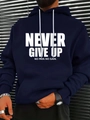 Men's loose navy hoodie with Never Give Up white print and adjustable drawstring - S / Top (HD-WY205) / Navy Blue