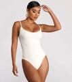 Body intero a costine bianco con spalline sottili e scollo a U profondo da donna - 3XL / Bianco Girocollo