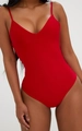 Detail of high-cut bright red one-piece swimsuit with deep V-neck and spaghetti straps - 3XL / V-neck - Top And Bottom / Red