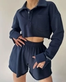 Detail of navy cropped long-sleeved top and matching drawstring shorts with raw hems - S / Top And Bottom / Navy Blue