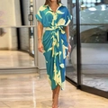 Blue floral shirt dress with short sleeves, lapel collar, and matching waist belt - S / Blue Flower
