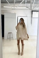 Detail of loose beige oversized t-shirt and matching slim shorts with denim boots - S / Beige