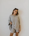 Women's casual light gray ribbed knit two-piece set with loose top and shorts - S / Heather Grey