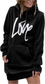 Detail van zwarte hoodie-jurk met LOVE-print, kangoeroezak en verstelbaar trekkoord - S / Zwart