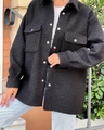 Close-up of black sherpa shacket showing silver metal buttons and textured fleece material - S / Black
