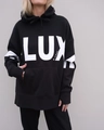Detail of white LUX lettering and kangaroo pocket on a black oversized hoodie - S / Black