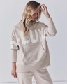 Detail of the high-quality cotton fabric and white D-LUXE print on beige hoodie set - S / Khaki