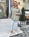 Detail of light green sherpa fleece shacket with large chest pockets and classic lapel - S / Fruit Green