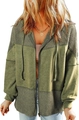 Detail view of army green waffle knit hooded jacket with zipper and drawstrings - S / Green