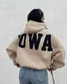 Detailed back view of oversized beige hoodie featuring bold black IOWA printed lettering - S / Khaki