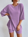 Detail of lavender ribbed knit fabric on a loose T-shirt and cycling shorts set - S / Violet