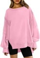 Roze oversized sweatshirt voor dames met zijsplitjes en trendy gerafelde zoom - Roze
