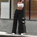 Pantaloni cargo neri a vita alta da donna con tasche laterali e stile street trendy - S / Nero