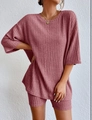 Women's rib-knit two-piece set featuring drop shoulder T-shirt and shorts in dusty rose - S / Red
