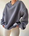 Women's loose dark gray V-neck sweatshirt with American Vintage label and ribbed cuffs - S / Slate Gray