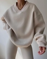 Women's minimalist beige loose sweatshirt set with V-neck ribbed cuffs and leggings - S / Khaki