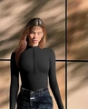 Body a costine nero slim fit da donna con maniche lunghe e dettaglio mezza zip frontale - S / Nero