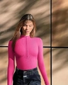 Body rosa a maniche lunghe in maglia a coste con collo alto e mezza zip frontale - S / Rosa Rosso