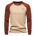 Men's raglan sleeve long sleeve t-shirt in khaki and brick red with embroidered logo - S / Tops / Khaki
