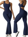 Detail view of navy blue backless yoga jumpsuit with flared legs and high stretch fabric - S / Navy Blue