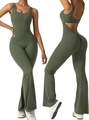 Macro view of army green yoga jumpsuit with open back cutout and ruched butt lift detail - S / Olive Green
