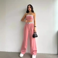 Set rosa due pezzi con top a fascia e pantaloni a gamba larga a vita alta eleganti - 2XL / Rosa
