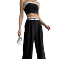 Completo due pezzi da donna con top a fascia e pantaloni a gamba larga a vita alta a righe - 2XL / Nero