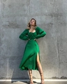 Detailed view of green puff sleeve dress with elegant square neckline and front ties - S / Green