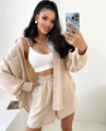 Dreiteiliges Damen-Set in Beige mit Hemd, Shorts und weißem Neckholder-Top aus Leinenoptik - S / Aprikose