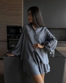 Detail of grey button-down shirt with lantern sleeves and matching shorts set - S / Slate Gray