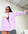 Close-up of lavender long sleeve button-up shirt and high waist shorts set with texture - S / Top And Bottom / Light Purple