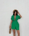 Green short sleeve romper with button-down deep V-neck and elastic waist detail - S / Green