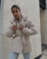 Detail of cream waist-tie padded jacket with wide collar and quilted warm construction - S / Apricot