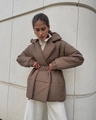 Detail of brown belted puffer coat with wide collar and waist-slimming silhouette - S / Camel